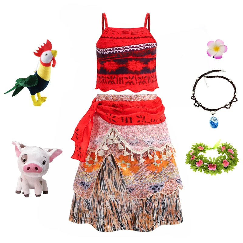 

Girls Moana Princess Dress for Kid Halloween Cosplay Vaiana Costume Children Birthday Party Headwear Necklace Flower Clothes Set