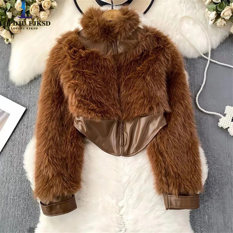 

Faux Fox Fur Coat for Women,England Style, Short Jackets,Zippers Overcoat,Fur Collar,Spliced, Female Clothes, Winter,New