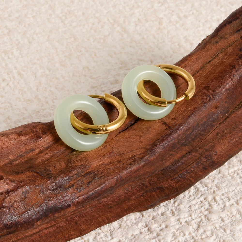 Fashion 1 Pair Green Jade Round Stainless Steel Hoop Earrings For Women Vintage Elegant Earrings Statement Jewelry Girls Gifts