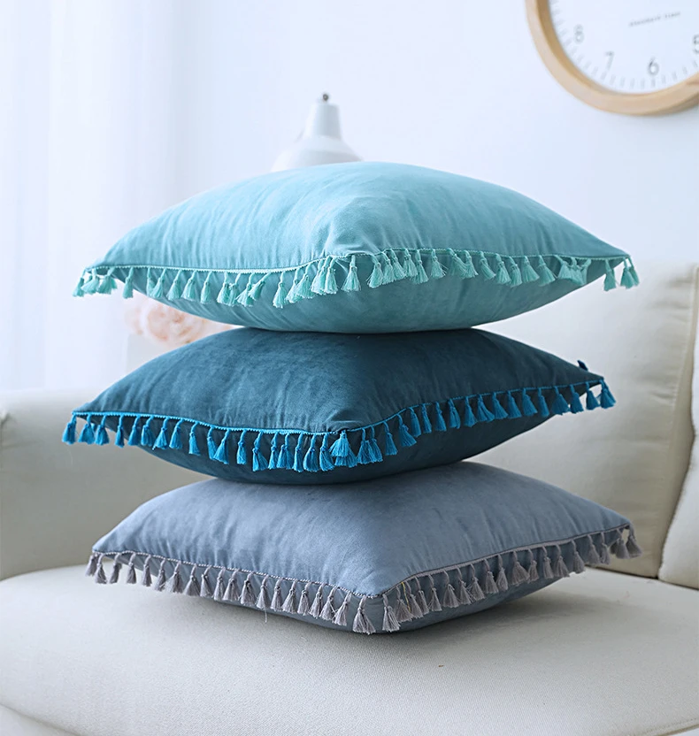 Soft Suede Pillow Cover with Tassels Yellow Blue Green Navy Pink Cushion Cover Bedroom Sofa Decoration Pillow Cases 45x45cm