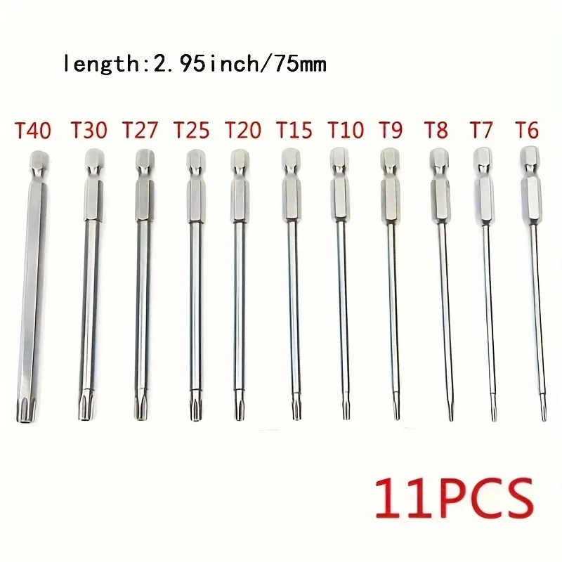 11Pcs 75mm Torx Screwdriver Bits T6-T40 1/4