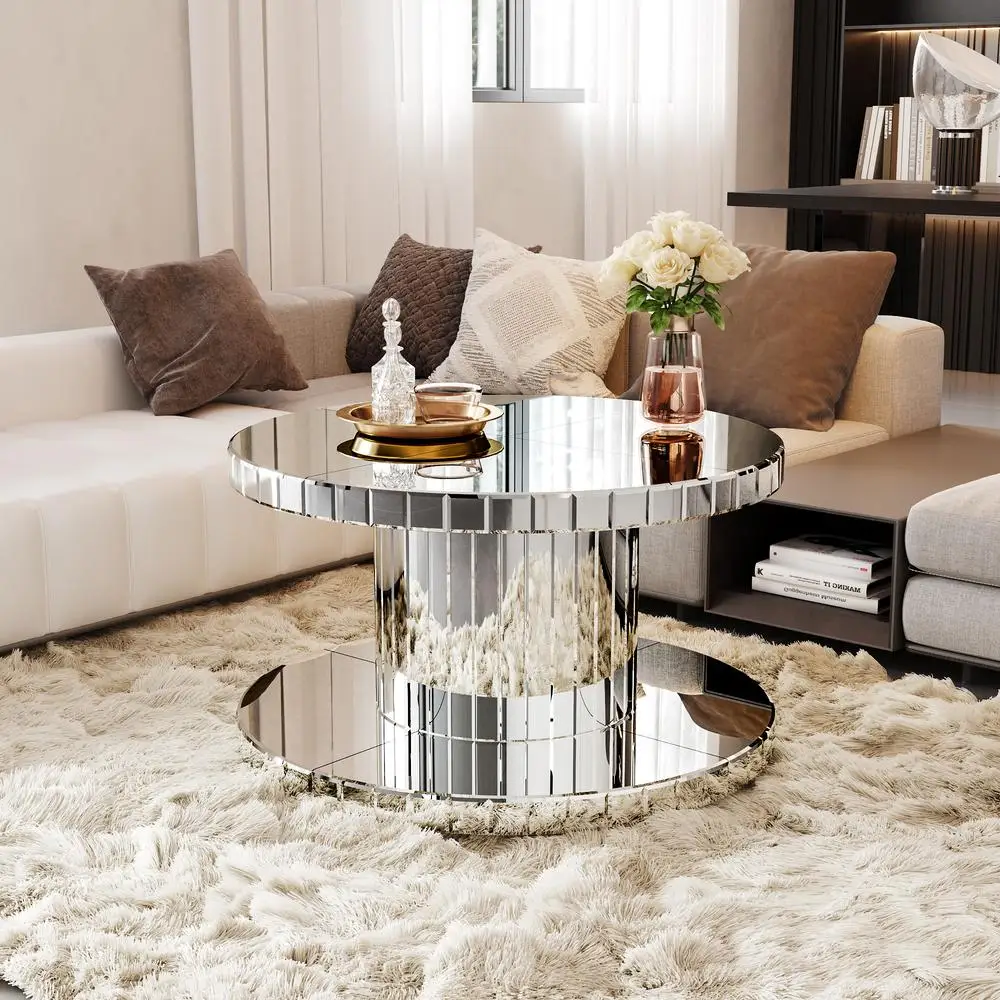 

Luxury Round Mirrored Coffee Table with Fluted Glass Base Double Tier End Table Sofa Side Table 31.5in Diameter Living Room