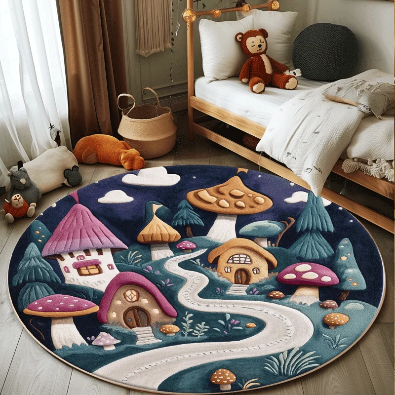 Runder Teppich, Schlafzimmer, Nachttisch, Decke, Kinderzimmer, niedlicher Cartoon-Bodenmatte, Wohnzimmer, Sofa, Couchtisch, rutschfester Teppich
