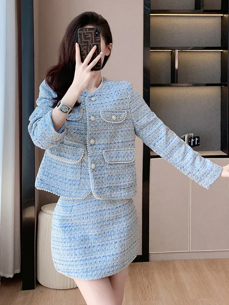 

Изысканный элегантный твидовый комплект из двух предметов для женщин, милое жемчужное пальто, синие топы, кавайная куртка, верхняя одежда, комплект с короткой юбкой, праздничная одежда