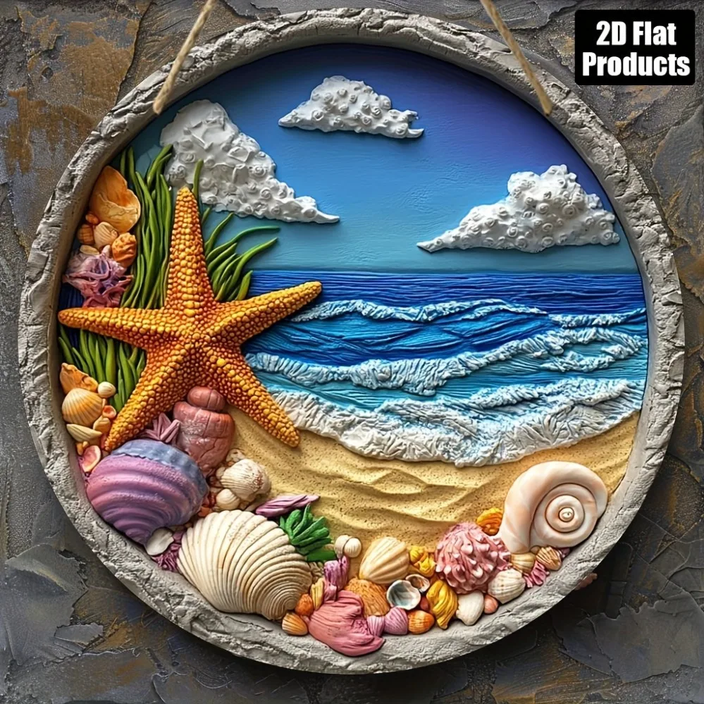 2D Metal Sign, Beach Shell Theme Round Metal Wall Art, Bar Kitchen Cafe Home Office Decoration, Housewarming Gift 8x8 Inch