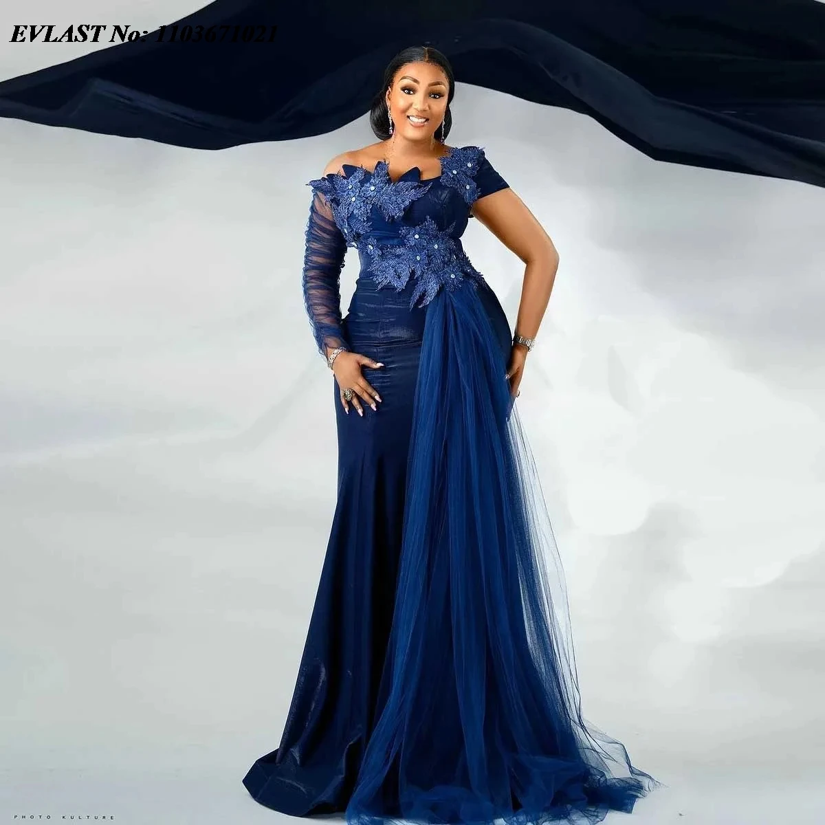 

EVLAST Plus Size Nigerian Navy Blue Prom Dress Appliques Pleated Tulle African Formal Party Dress Aso Ebi Evening Dress P182