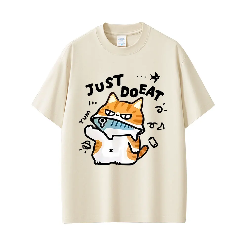 Japanische Katze Just Do Eat Lustiges Meme Grafik-T-Shirt Männer Frauen Kleidung Lässige Vintage-Baumwoll-T-Shirts Unisex Übergroße T-Shirts