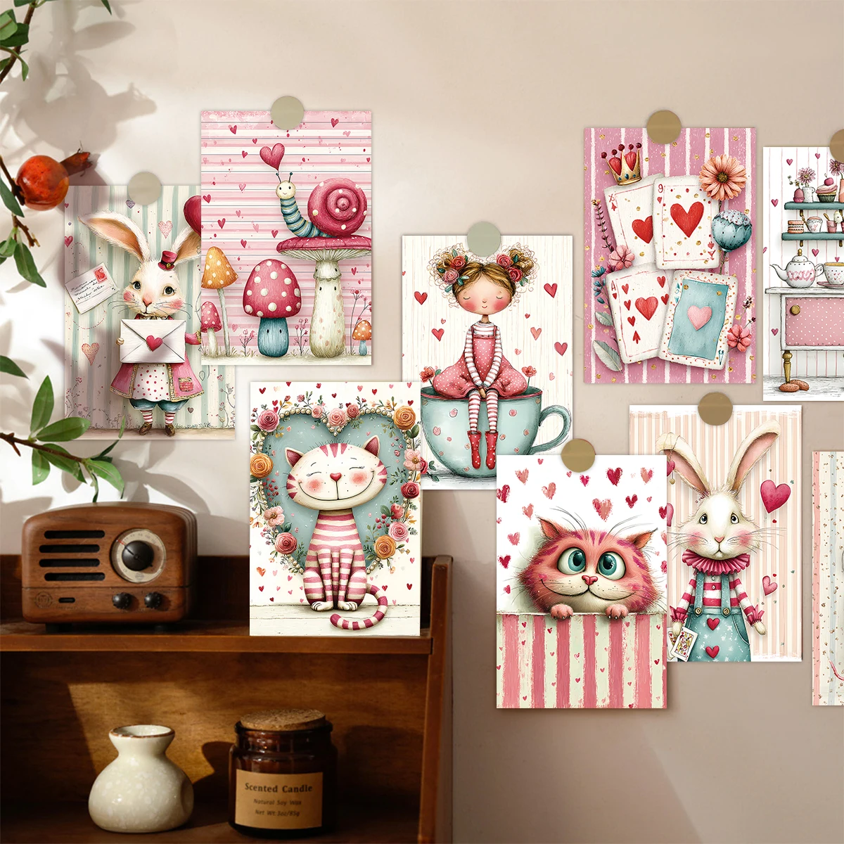 20개입 미학적 사랑 테마 엽서, 토끼 일러스트레이션, 집 벽 장식용, 발렌타인데이, 부활절 파티 장식, 선물 포장 카드