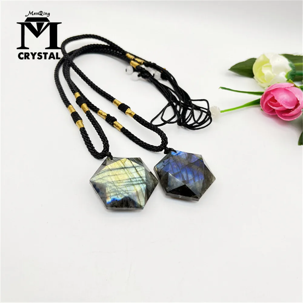 Natural Crystal Labradorite Stone Gemstone Necklace Six Star Pendant Divination Spiritual Meditation Jewelry Necklace Gift