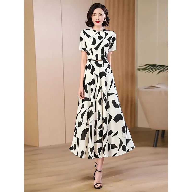 2024 Summer New Temperament Fashion Print Dress Slim Waist Round Neck Age-Reducing Fashion Long Short Sleeve Comfortable Dress