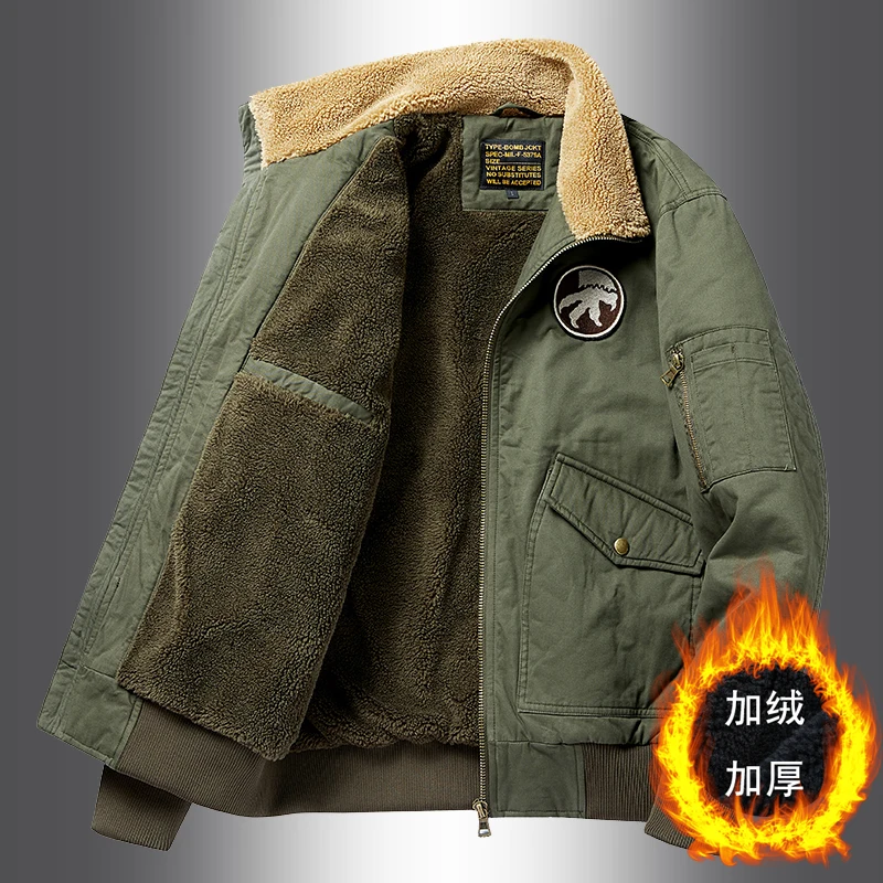 Autumn and winter plush thick men's jacket, motorcycle jacket, baseball suit, military green flight suit, plus plush thick workw