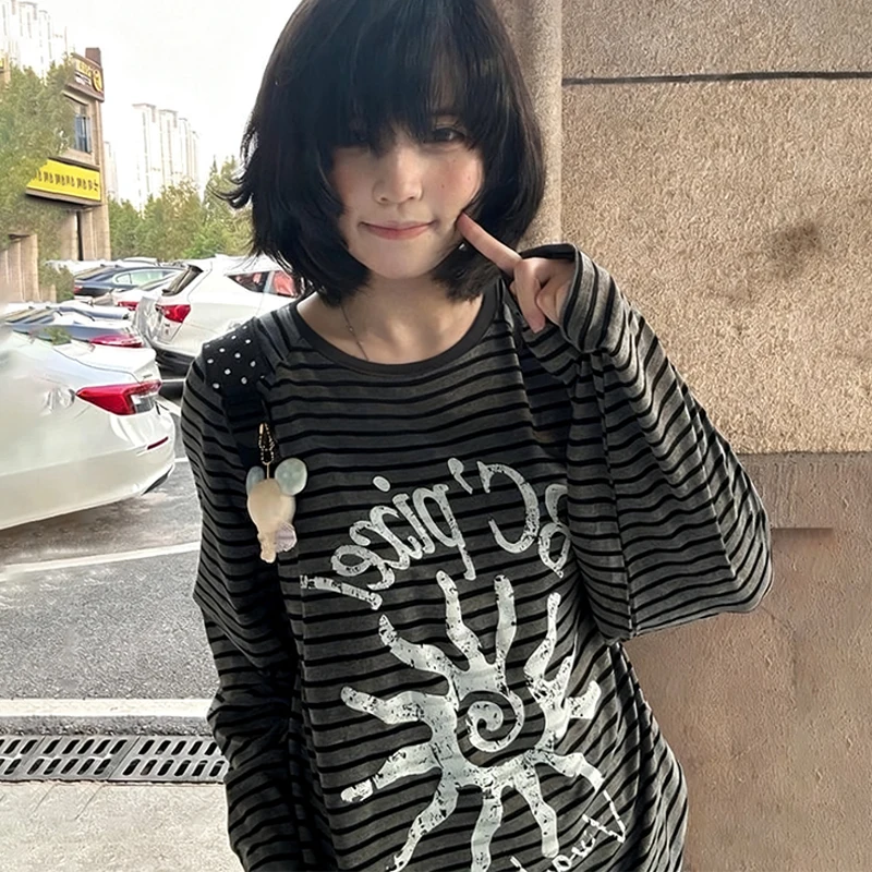 American Street Sun Print Striped  Women's Long Sleeve Shirt  Autumn Loose Casual Round Neck Fashion Oversize  Women's Top Y2k