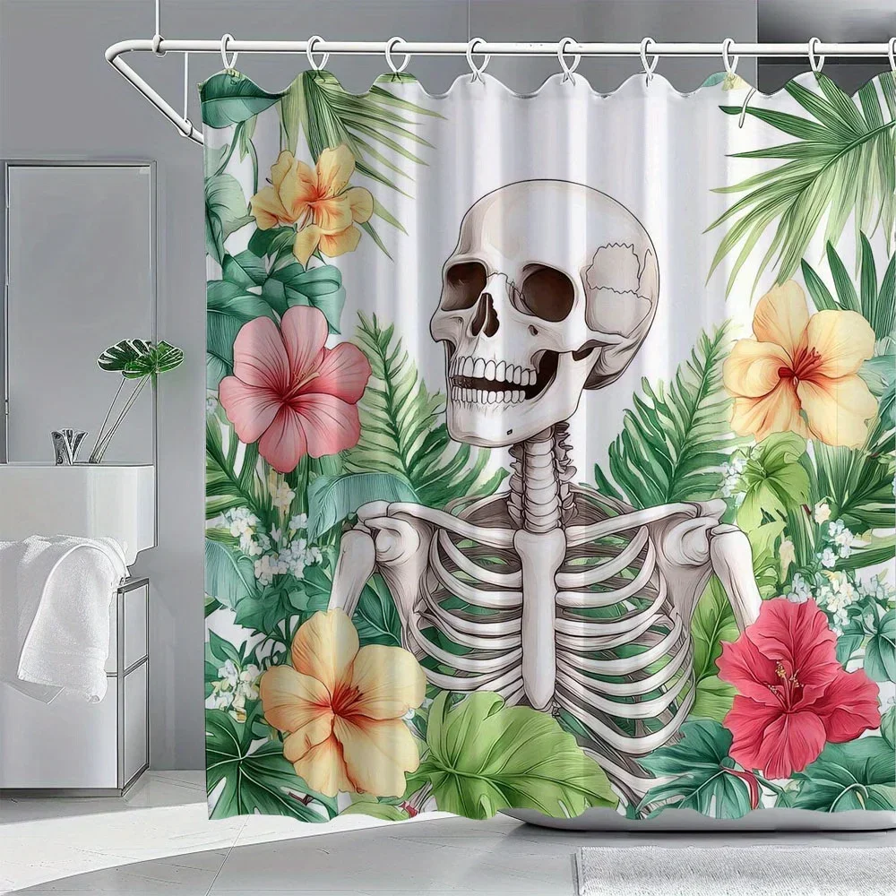 ~O~1pc Skeleton Tropical Print Shower Curtain Bathroom Curtain with 12pcs Free Hooks, Bathroom Home Decoration 180x200cm
