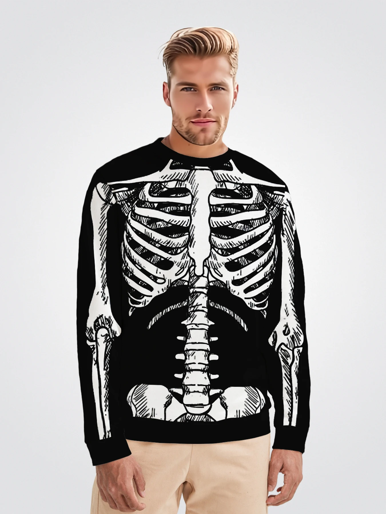 

Men's Fashion Crew-neck Sweatshirts 3D Digital Printed Human Pattern Long-sleeved Tops Unisex Hand-painted Skeleton Clothing