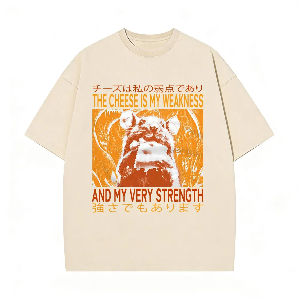 

The Cheese Is My Weakness and My Very Strength T Shirt Funny Japanese Style Rat Vintage Washed T-shirt Men Retro Casual T-shirts