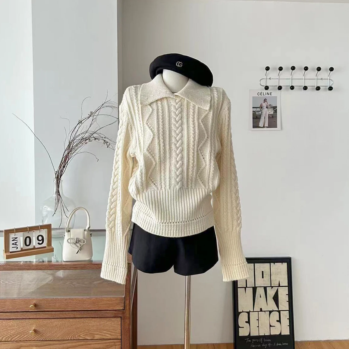 

Women's Autumn Winter Turn Down Collar Long Sleeve Sweater Lady Twisted Pattern Pullover Basic Jumper Top