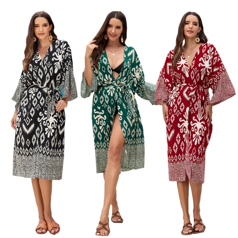 Cardigans Kimono plage imprimé géométrique pour femmes, ouvert devant, Cover-Up pour les maillots bain, décontracté, haut