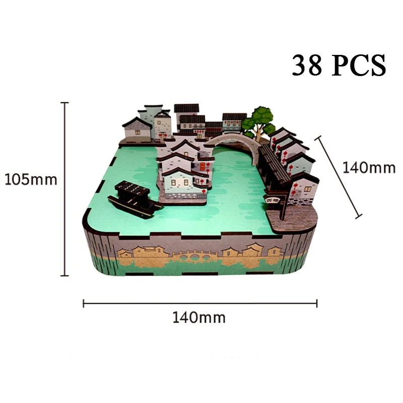 DIY 3D Wooden Ancient Water Town Music Box Miniature Model Kits Jigsaw Puzzles Can Move for Children Birthday Gifts Home Decor