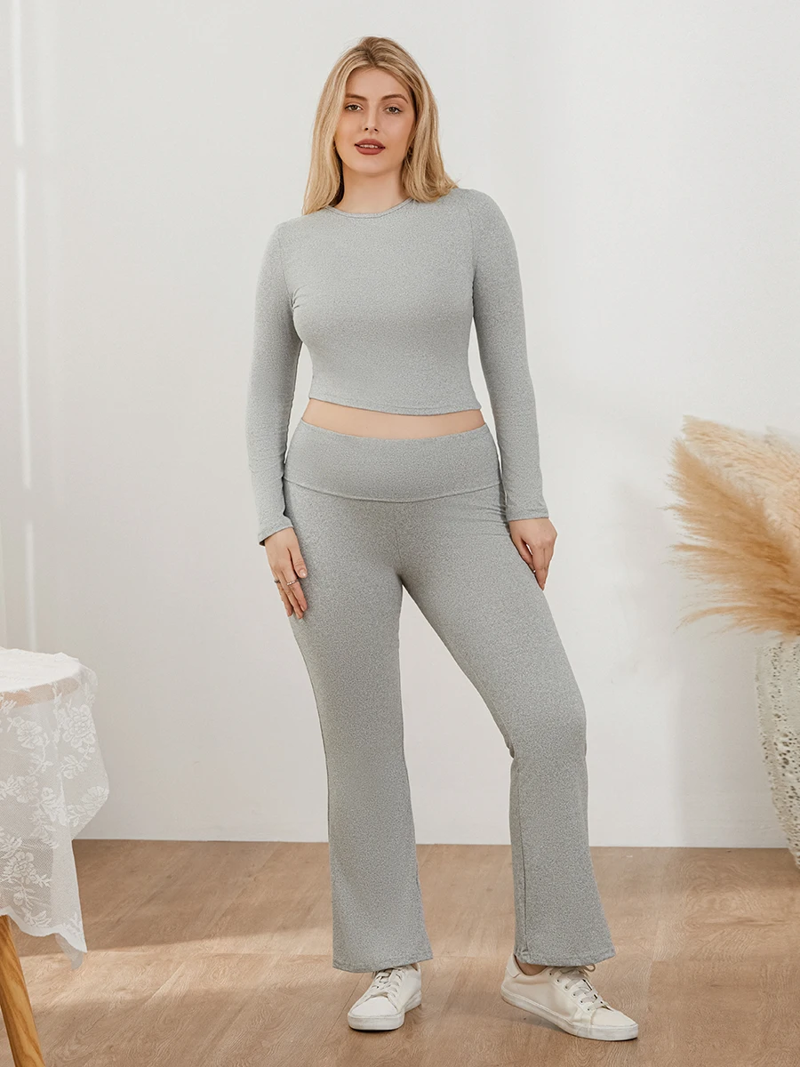 Women s Pants Outfits Solid Color Long Sleeve Boat Neck Crop Tops with Fold Over Trousers Set Streetwear