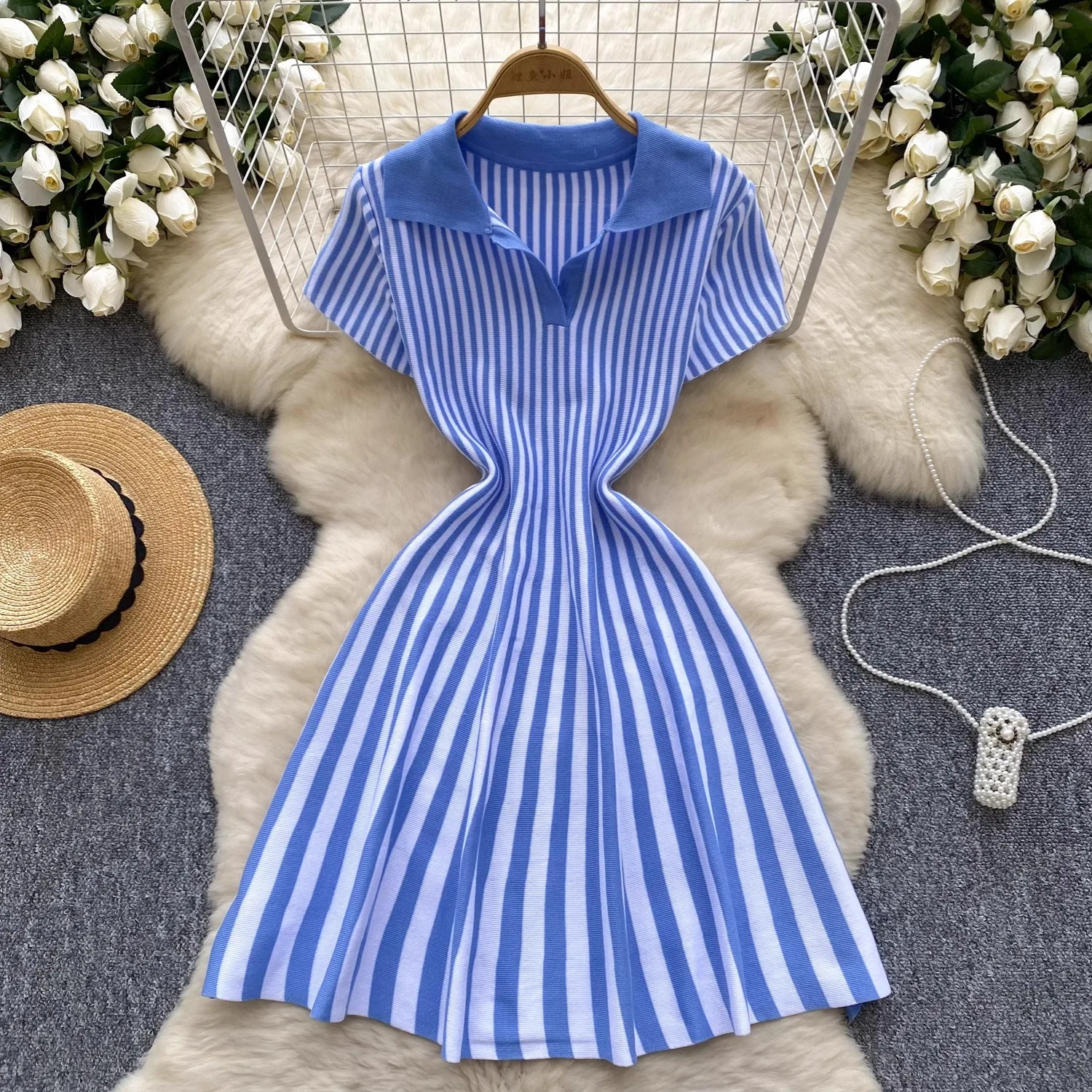 YuooMuoo Chic Fashion Y2K A-line Short Dress Women Short Sleeve Casual Striped Knitted Summer Dress Streetwear Ladies Dresses