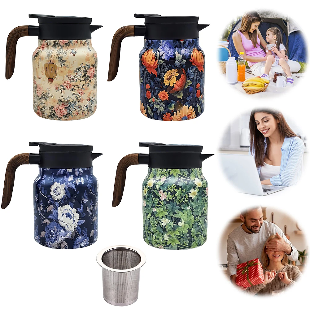 

800ml Retro Floral Kitchen Tea Kettle Stainless Steel Tea Separation Thermal Insulation Pot Wood Handle for Home and Dining Room