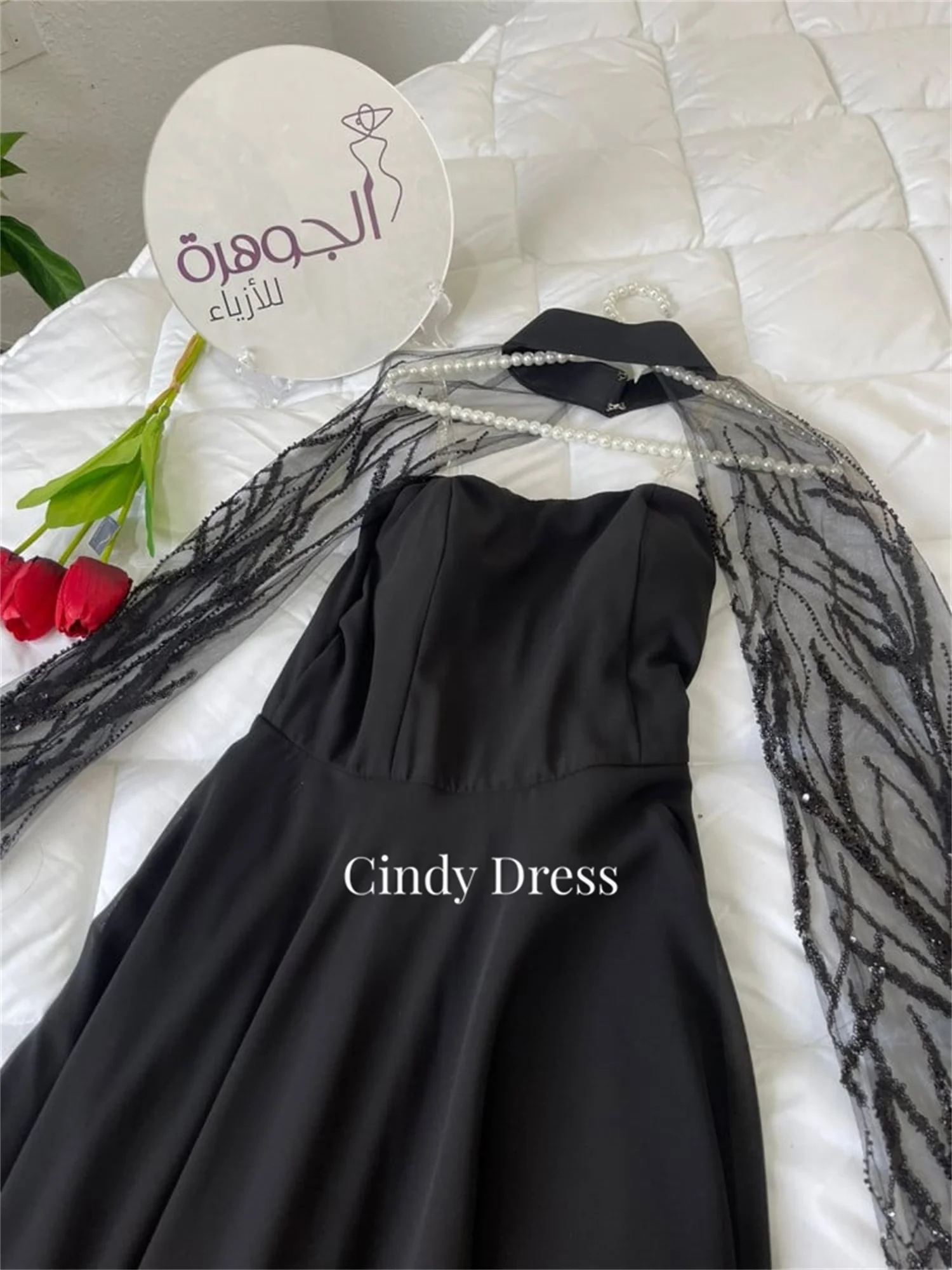 Cindy Saudi Arabia Black A-line Shawl Evening Dresses on Offer Clearance Royal Engagement Dress Customized