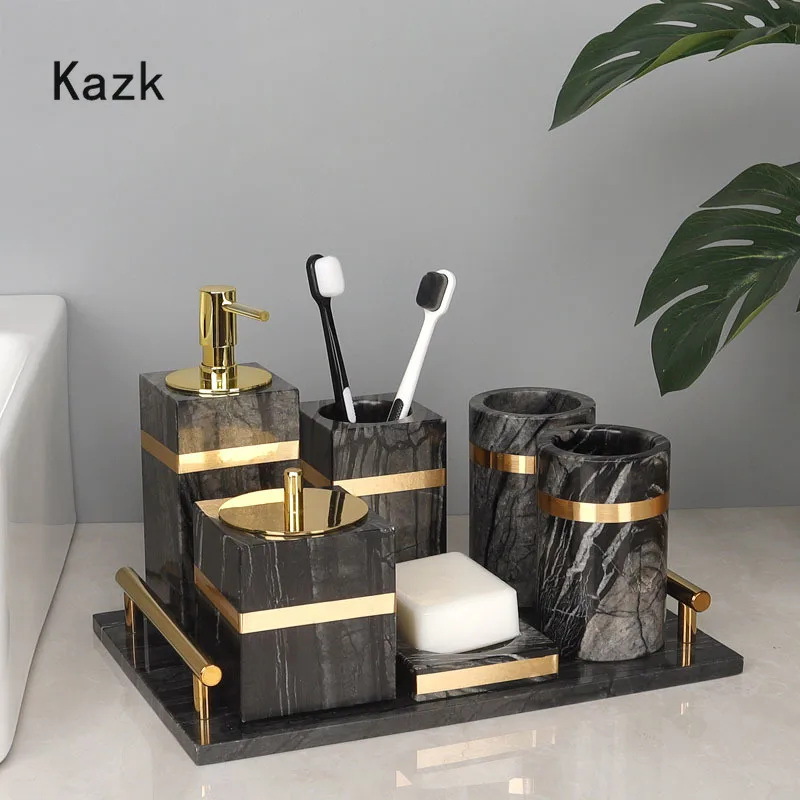 

Light Luxury Natural Marble Bathroom Set Creativity Gold Stroke Craft Toothbrush Holder Marble Tray Hotel Toilet Accessories