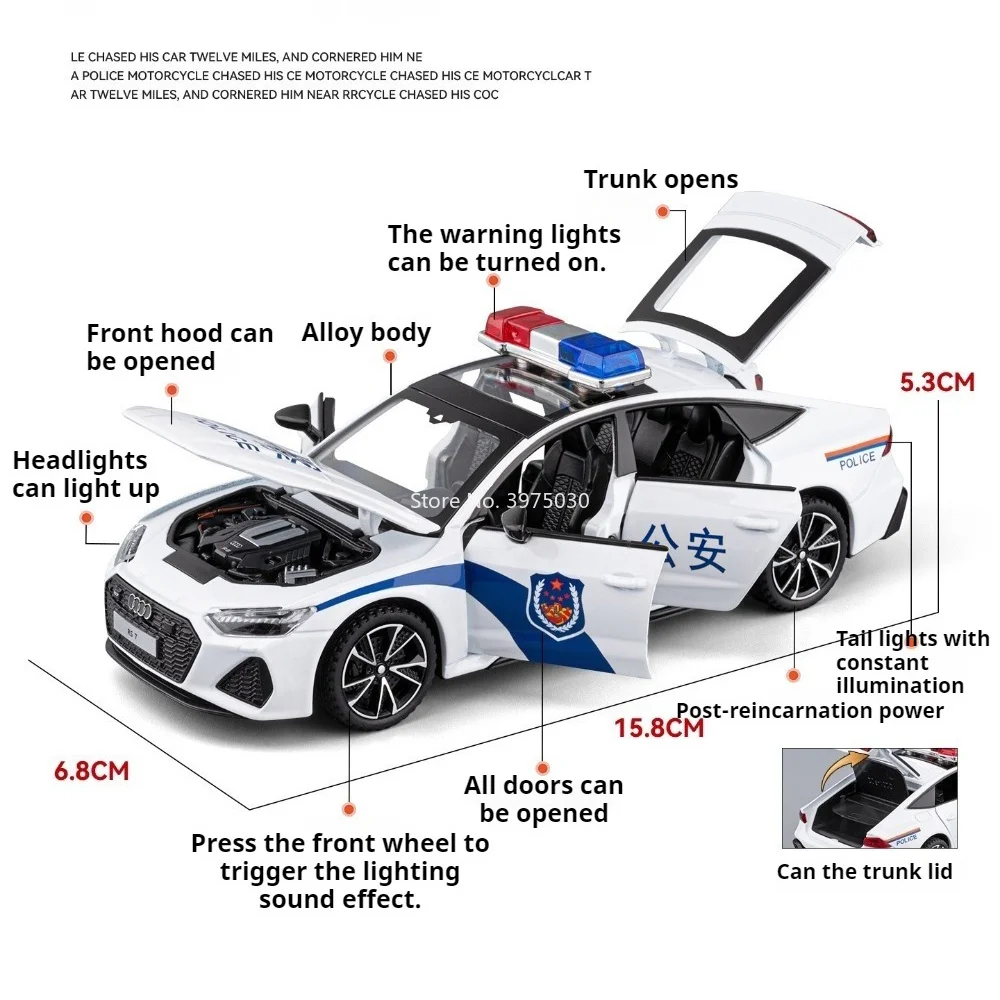 1:32 Scale Audi RS7 Car Model Toy Doors Opened Sound Light Models Pul Back Alloy Diecast Police Vehicle Ideal Bedroom Decoration