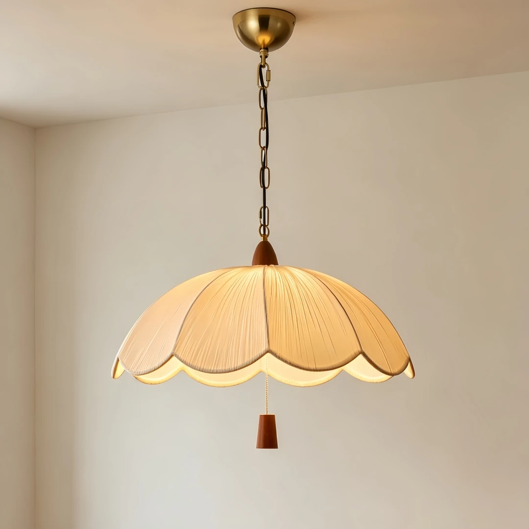 Vintage Pleated Scalloped Lotus Pendant Light for Dining Room Kitchen Island Tea Room Cream Cottagecore Tassel Warm Home Decor L