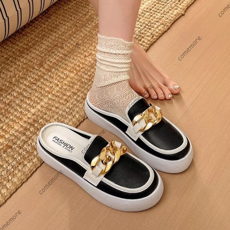

Women's Gold Chain Cover Toe Backless Mules Slip-On Platform Loafer Slides Female Casual Summer Flat Slippers Sandalias Mujer