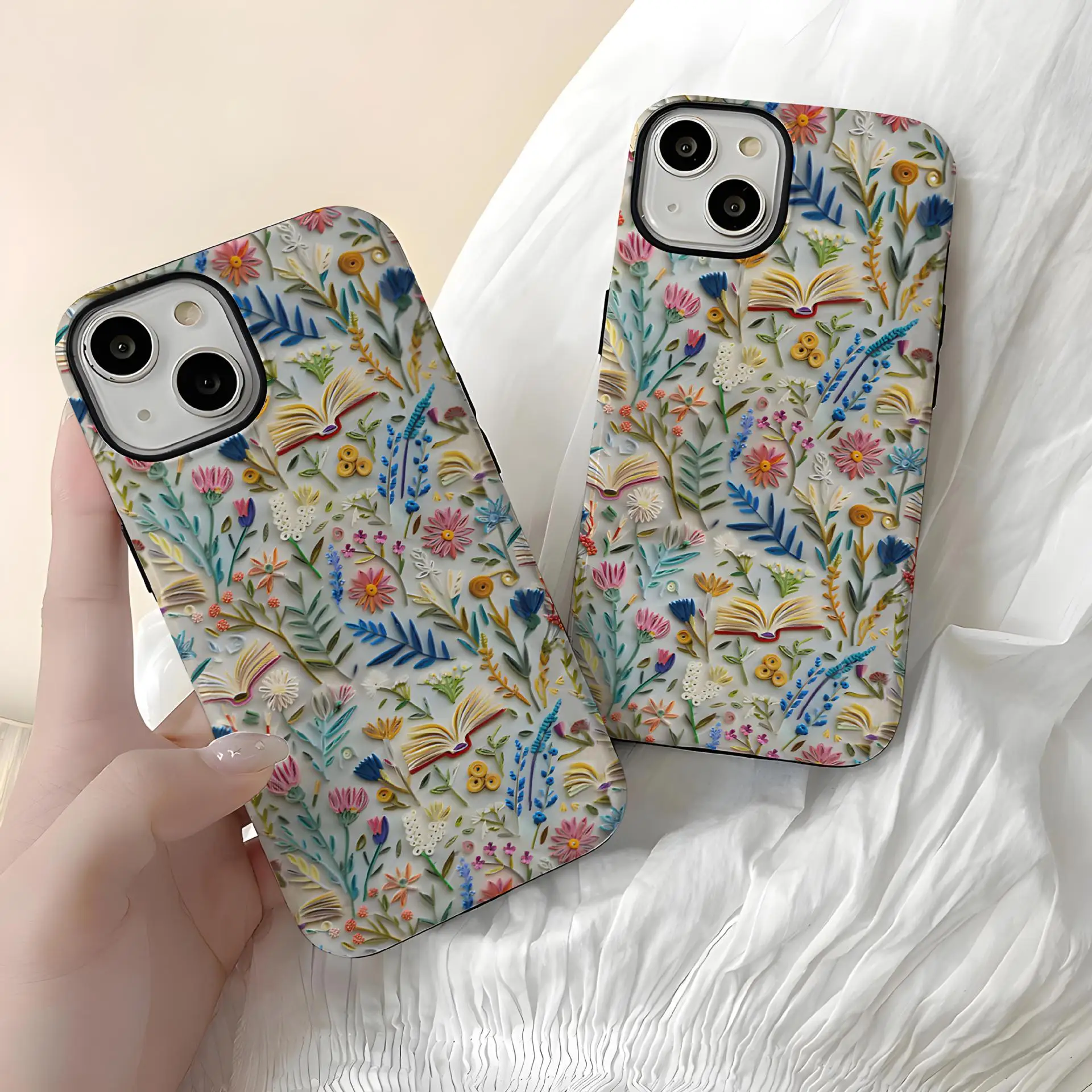 Romantic Wildflower Boho Embroidery Effect 2 in 1 Flower Phone Case For iPhone 16 15 13 12 11 Pro Max Plus Hard Protection Cover