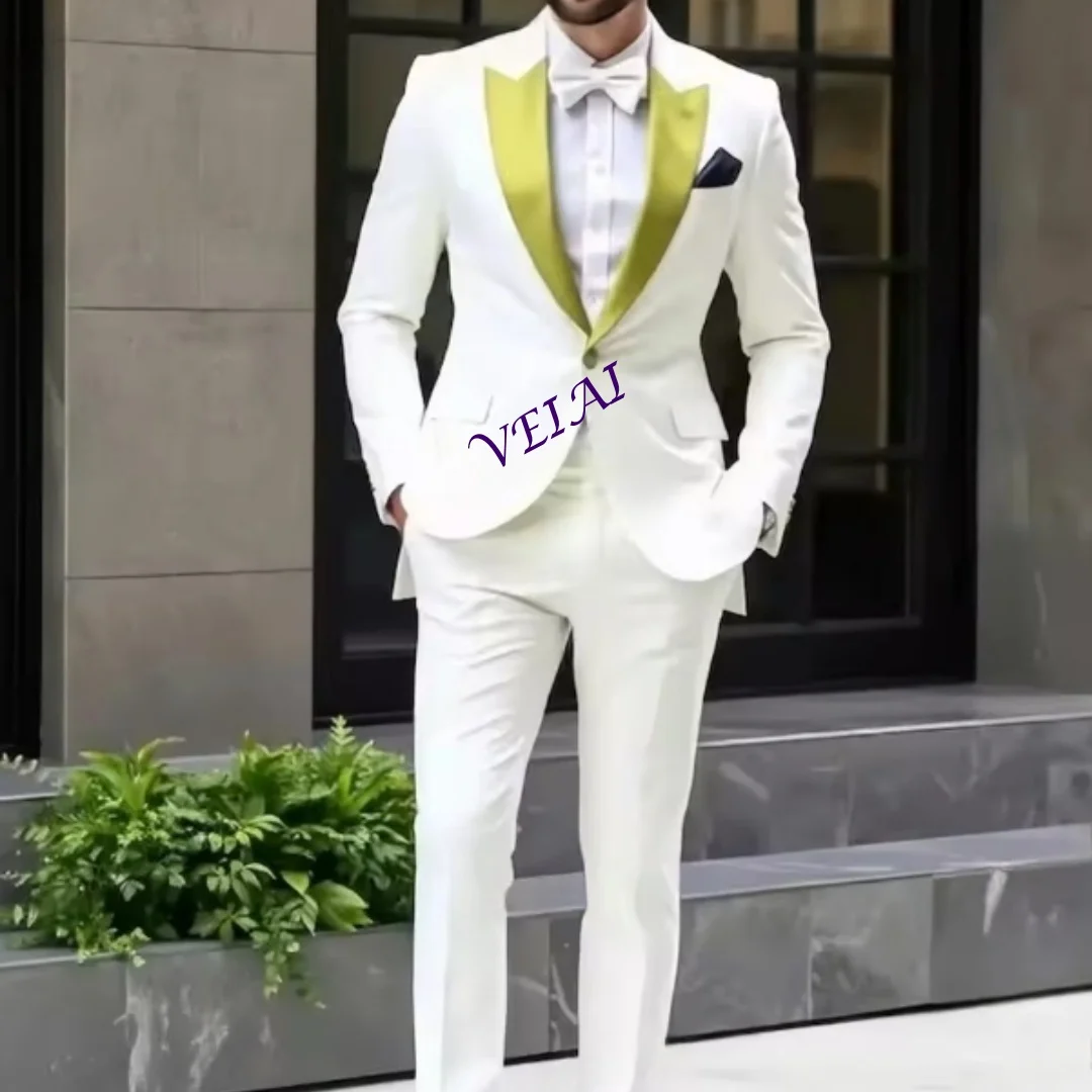 

CustomizedNew Gold Collar White Men Suit Formal Occasion Groom Groomsman Wedding Party Prom Male Business Tuxedos 2 Piece Blazer