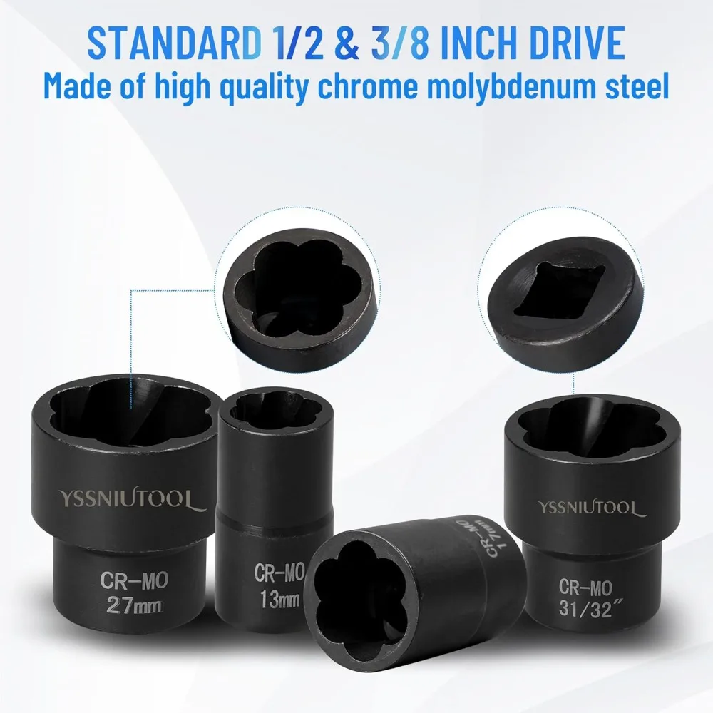 Juego de extractores de tuercas de perno de 22 piezas, herramienta de enchufe para quitar tuercas de impacto de accionamiento de 1/2 y 3/8, kit de extracción de bloqueo de rueda para extracción de daños