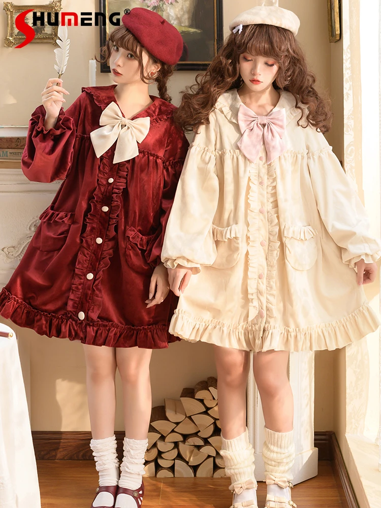 Original Lolita Cloak Type Woolen Coat Autumn and Winter Women\'s Cute Girl All-Matching Solid Color Doll Collar Mid-length Coats