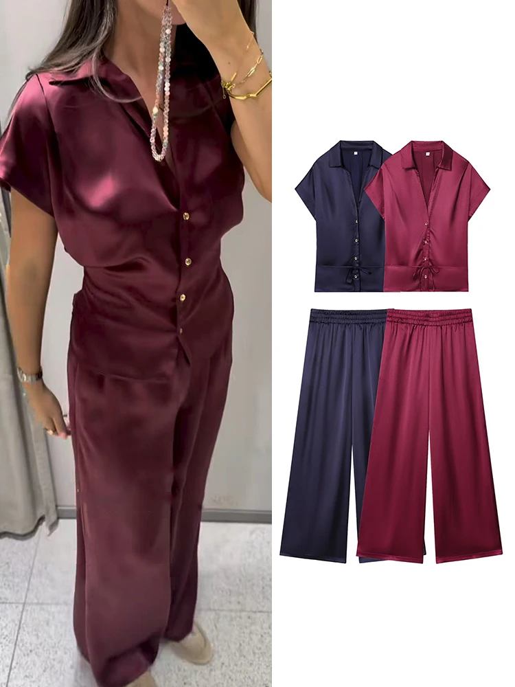 

TFMLN женский брючный костюм с однотонными лацканами на шнуровке, блузка с короткими рукавами, топ, брюки с высокой талией, женские брюки 2025 OL, новая модная одежда для поездок на работу