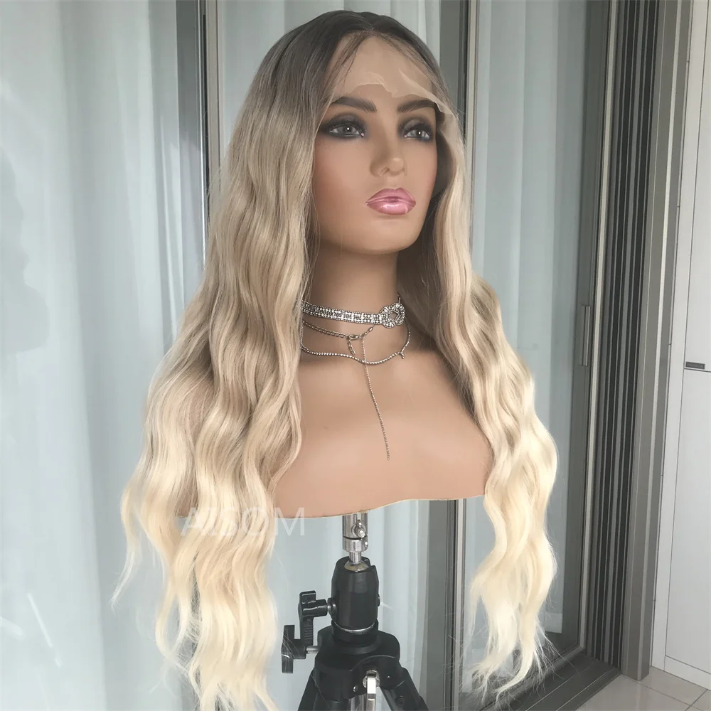 13x4 Lace Front Wig Deep Wave Synthetic Lace Wigs for Women Ombre Blonde Gray Long Wavy Heat Resistant Fiber Wigs Daily Use