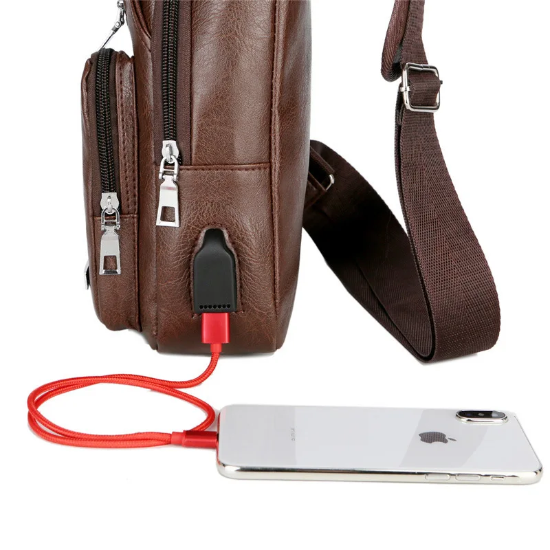 Bolso de pecho con carga Usb creativo para hombre, bolso de hombro de Pu Retro informal, bolso cruzado de viaje para deportes de conducción al aire