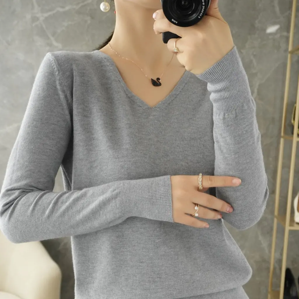 

Women's V-neck Pullover Long-Sleeved Knitted Sweater plus Size Slimming Autumn Winter Loose Inner Mid-Length Base Layer