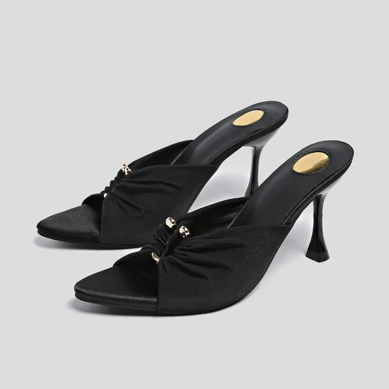 

New Design Pleated Hollow Out Thin Low Heels Women Slippers Fashion Pointed Toe Party Dress Female Summer Shoes