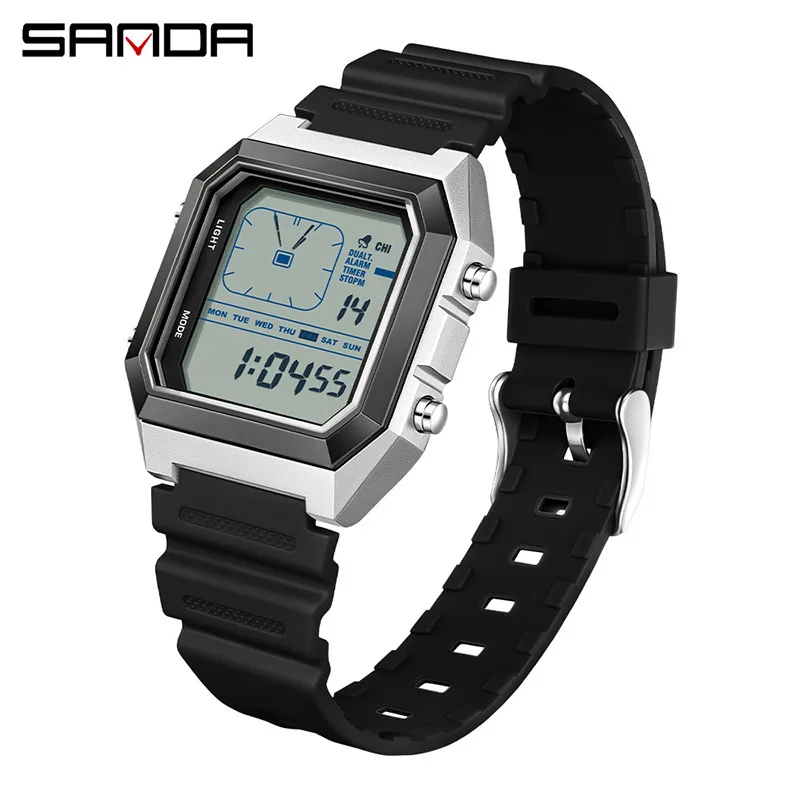 SANDA New 6307Multi functional Electronic Watch Men's 5ATM Waterproof, Shockproof, and Fall proof Fashionable Square Youth Watch