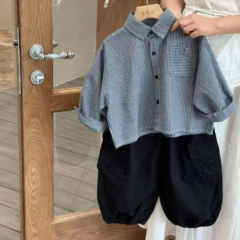 2026 Spring Summer Boys Striped Button Down Shirt Kids Casual Tops Fashion Long Sleeve Blouse Children Outerwear Coat