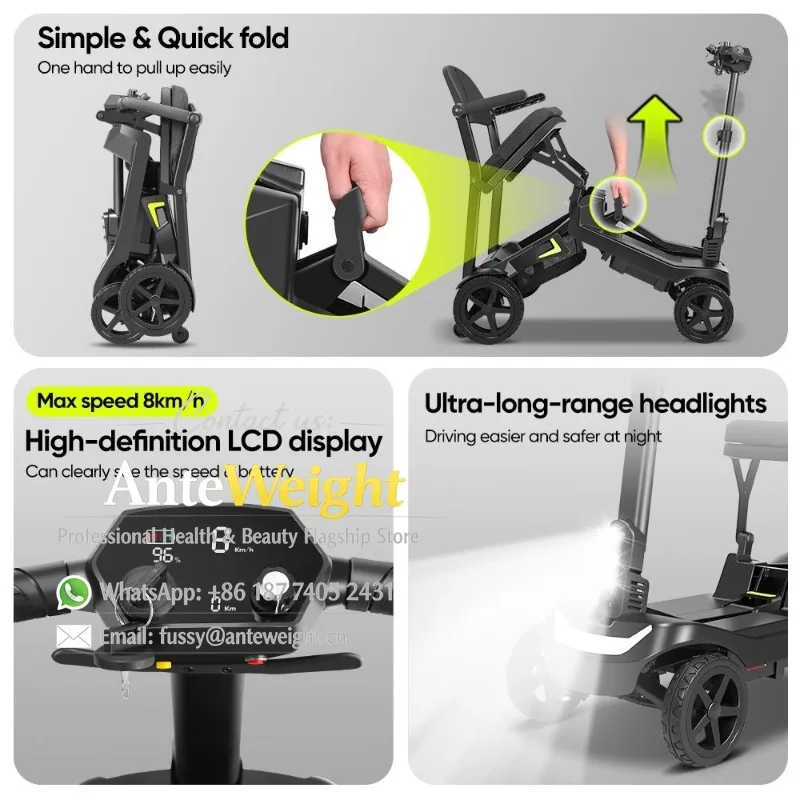 Compact Ultra Light 4-Wheel Folding Electric Scooter, 18km Range 15mph Speed | Aluminum Mobility Aid for Elderly & Handicapped