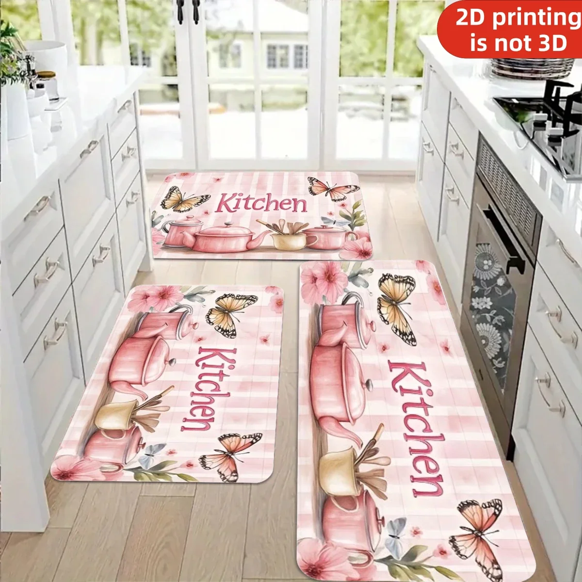 Pink Kitchen Teapot & Butterfly 100% Polyester  Kitchen Mat, Non-Slip Soft Plush Floor Mat, Sweet Floral Decorative Mat for Ki