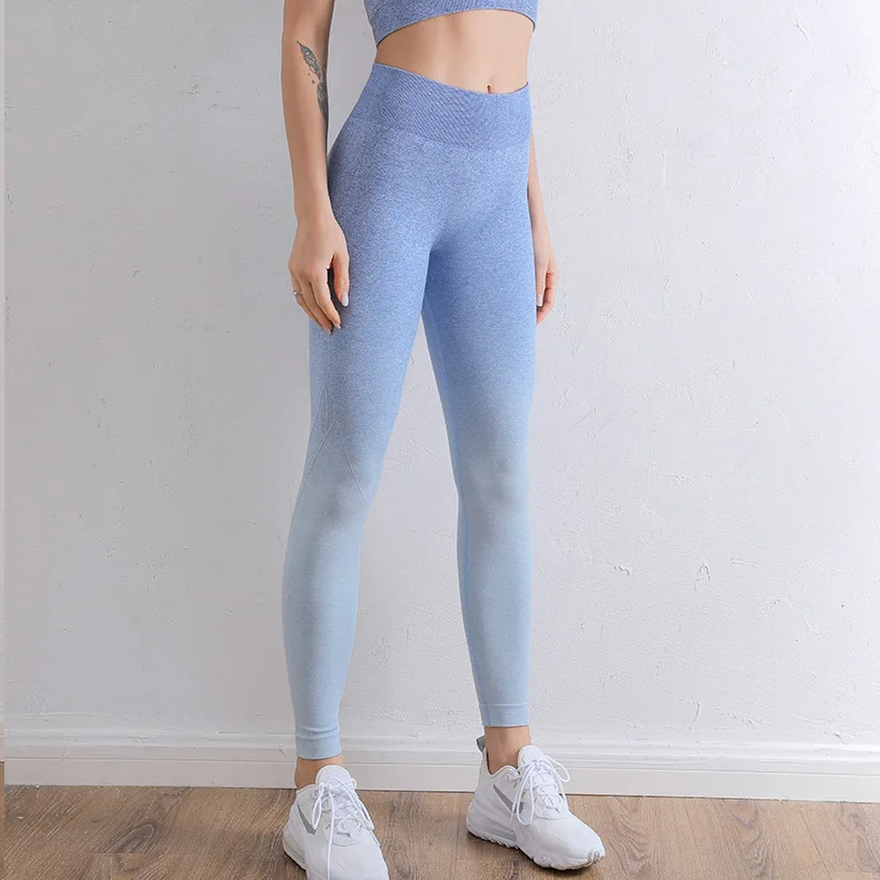 Fashion Gradient Leggings Women Seamless Knit Fitness Elastic High Waist Hip Lift Gym Trainning Running Skinny Sports Yoga Pants