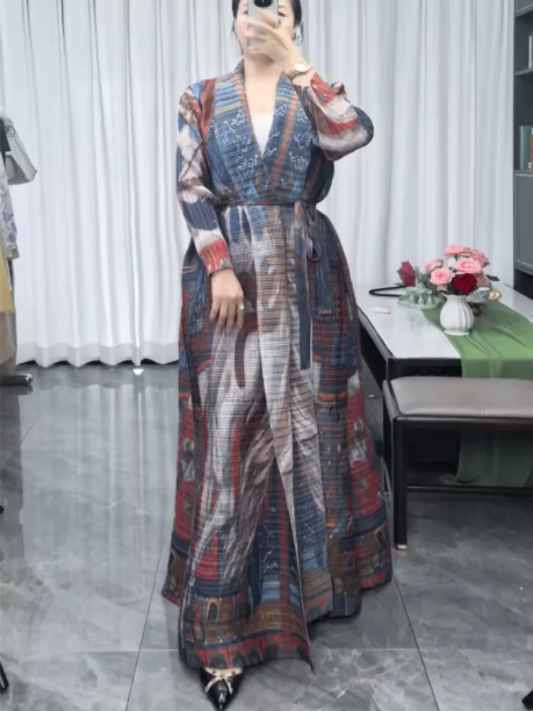 Miyake Women Vintage Print Pleated Long Cardigan Open Front Long Sleeve Loose Maxi Outerwear