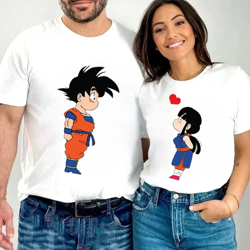 

Футболка с принтом японского аниме Dragon Ball для пар, хлопковая футболка с короткими рукавами в стиле Харадзюку, мужская и женская одежда, летняя одежда больших размеров