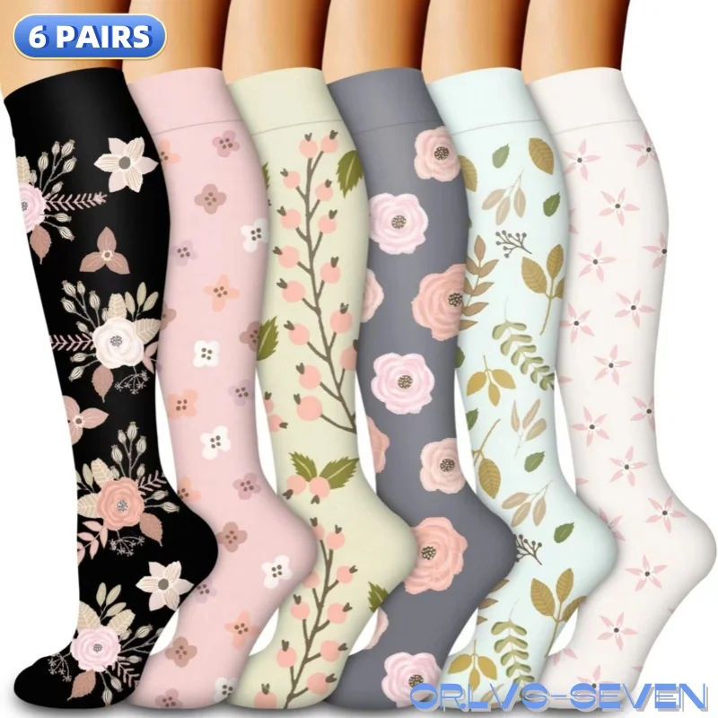 6 PAIRS Compression Socks for Men Women Running Nurse Socks Nurses Sport Ladies Lady Womens Running Flowers Animal Fruit