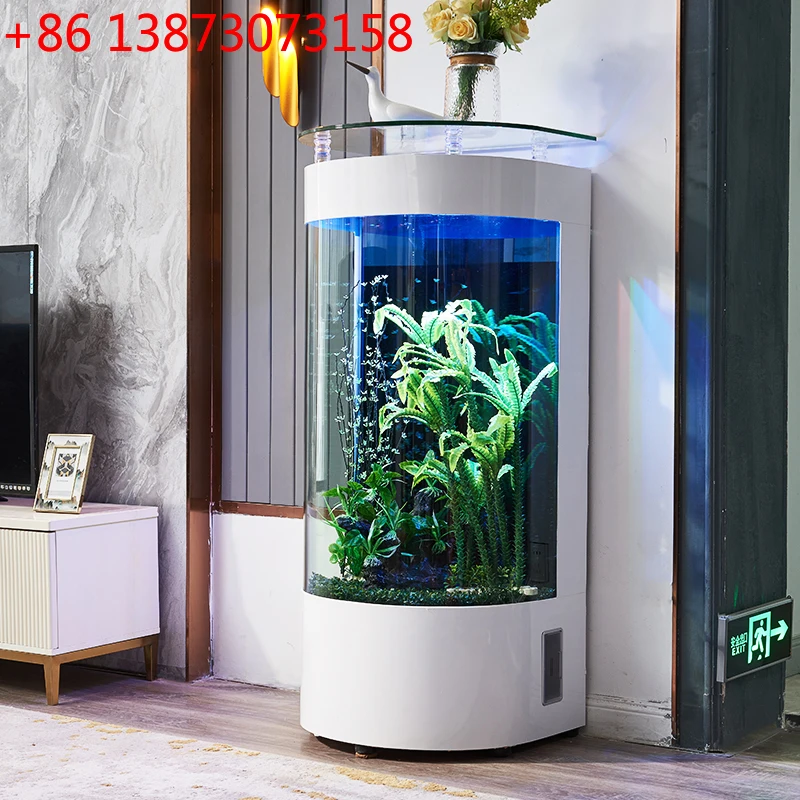Light luxury European semi-circular fish tank household semi-circular floor-to-ceiling glass goldfish tank ecological water-free