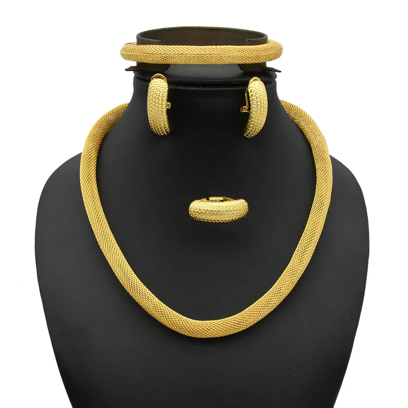 

Simple Fashion Necklace Bracelet Earrings Ring 4-Piece Set Women 24K Gold AU999 - great for single or stack wear