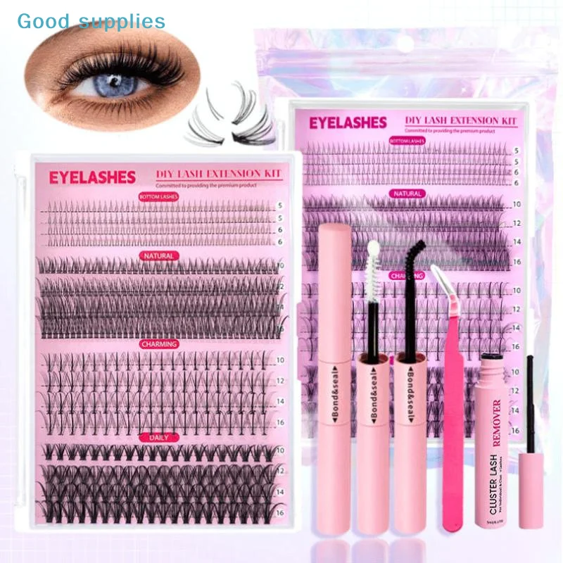 Kit d'extension de cils DIY - Clusters mixtes imperméables avec pinces à coller, cils épais, ensemble d'outils de maquillage pour extensions professionnelles